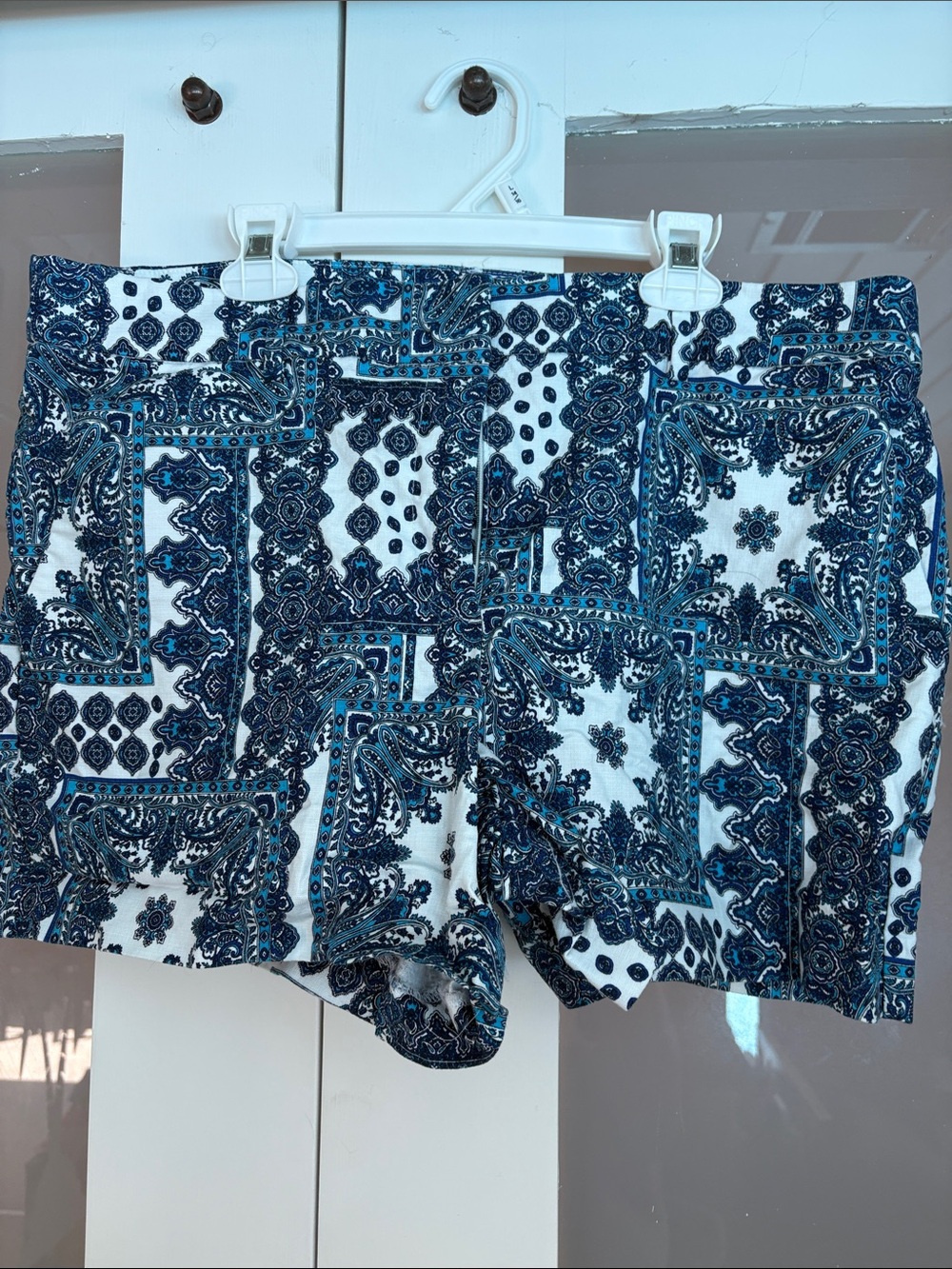 LOFT White Paisley Patchwork Print Shorts with Blue Accents